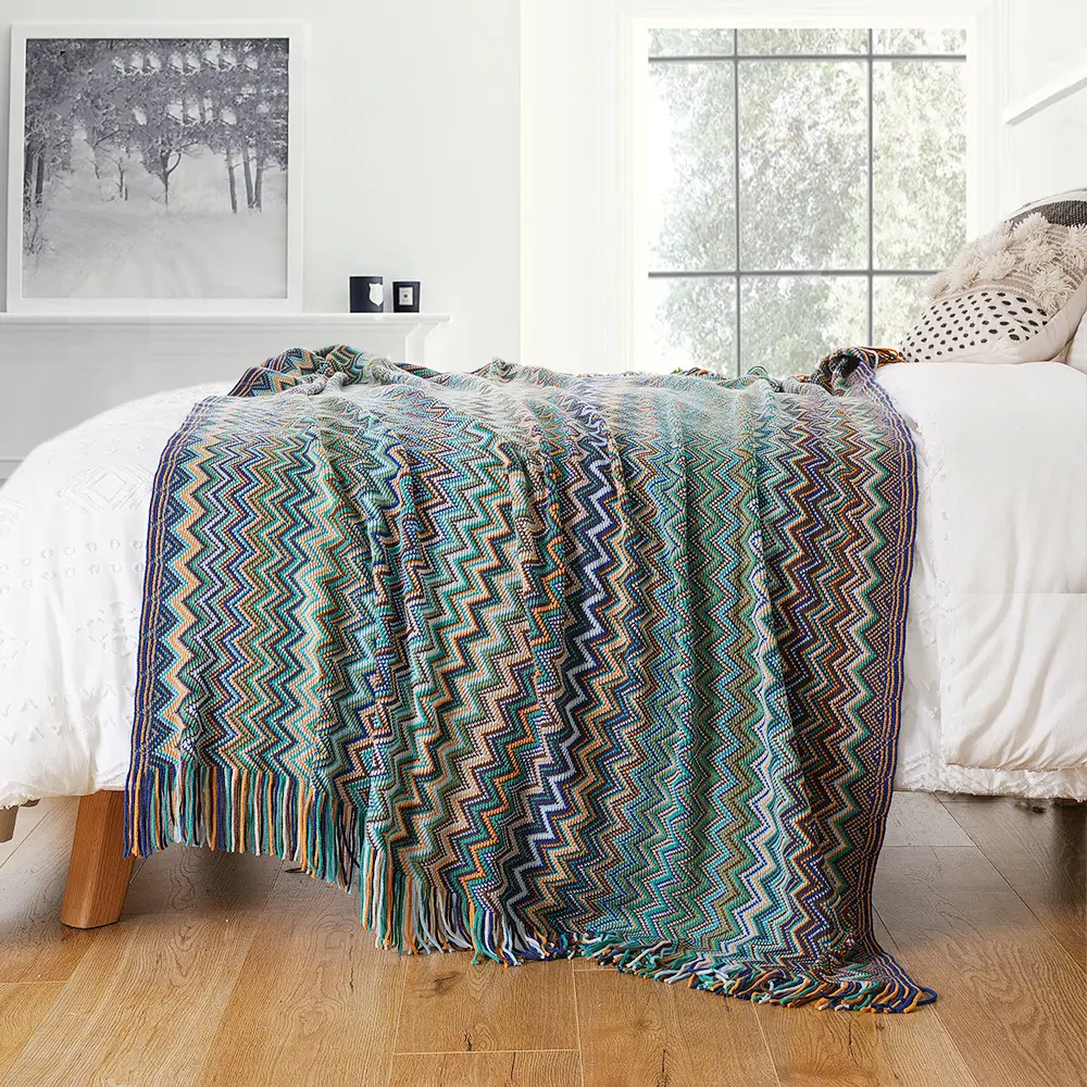 Battilo Boho Throw Blanket Lightweight Knit Throw With Tassels Bohemian woven Sofa Blankets Soft Bed Plaid Decorative Blanket