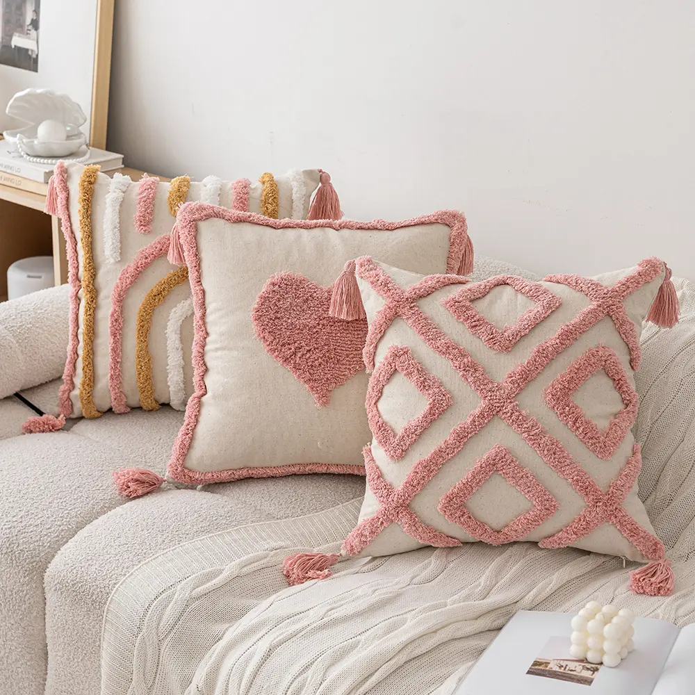 Woven Tufted Decorative Pillow Cover with Tassel Pink Boho Linen Cotton Pillowcase for Bed Living Room Sofa Cushion Home Decor