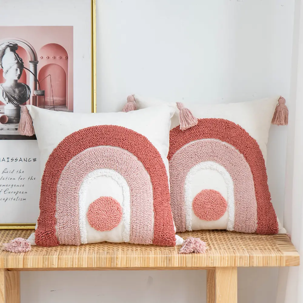 Woven Tufted Decorative Pillow Cover with Tassel Pink Boho Linen Cotton Pillowcase for Bed Living Room Sofa Cushion Home Decor