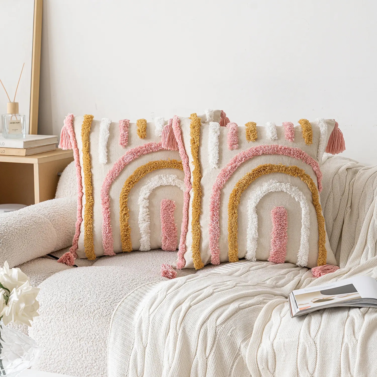 Woven Tufted Decorative Pillow Cover with Tassel Pink Boho Linen Cotton Pillowcase for Bed Living Room Sofa Cushion Home Decor