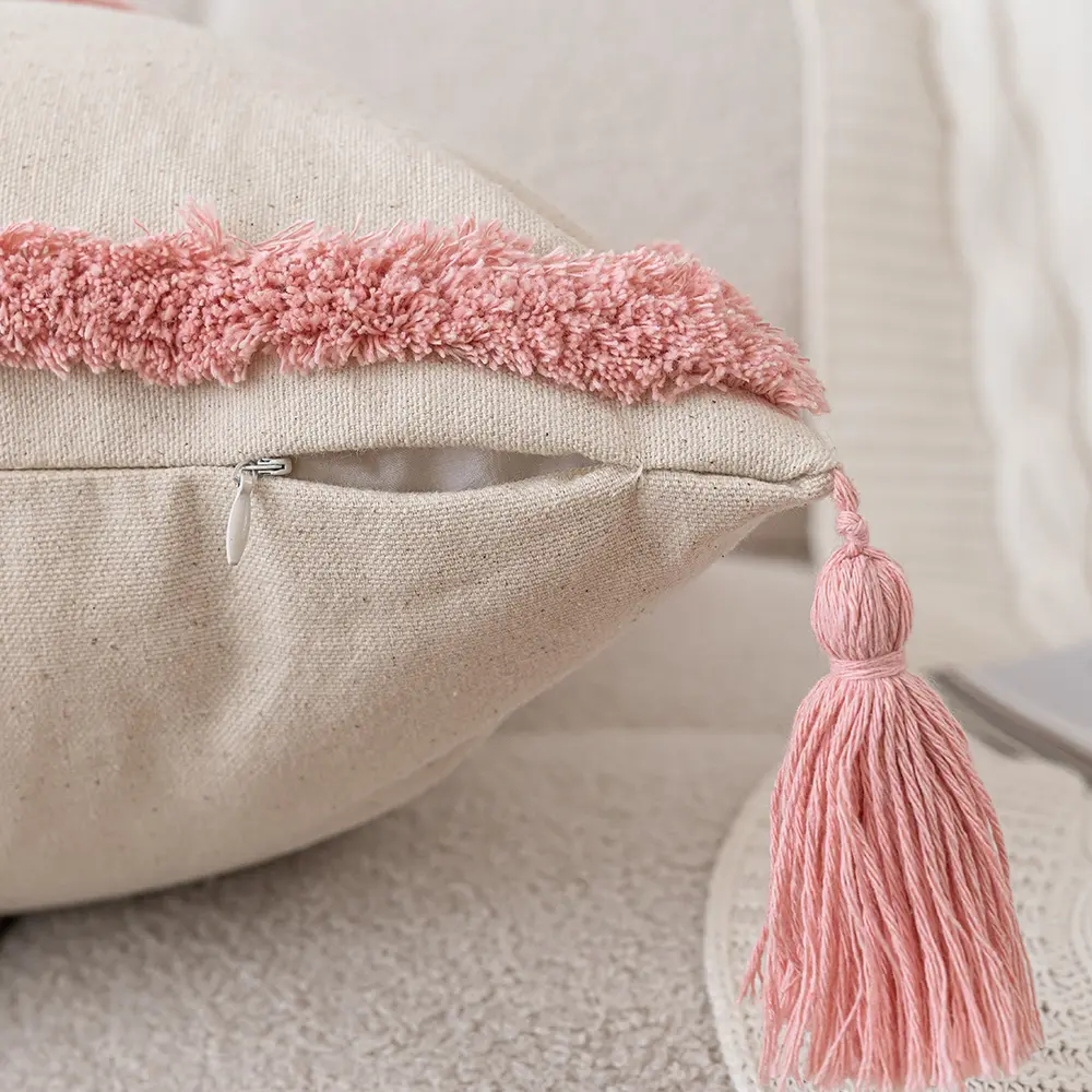 Woven Tufted Decorative Pillow Cover with Tassel Pink Boho Linen Cotton Pillowcase for Bed Living Room Sofa Cushion Home Decor