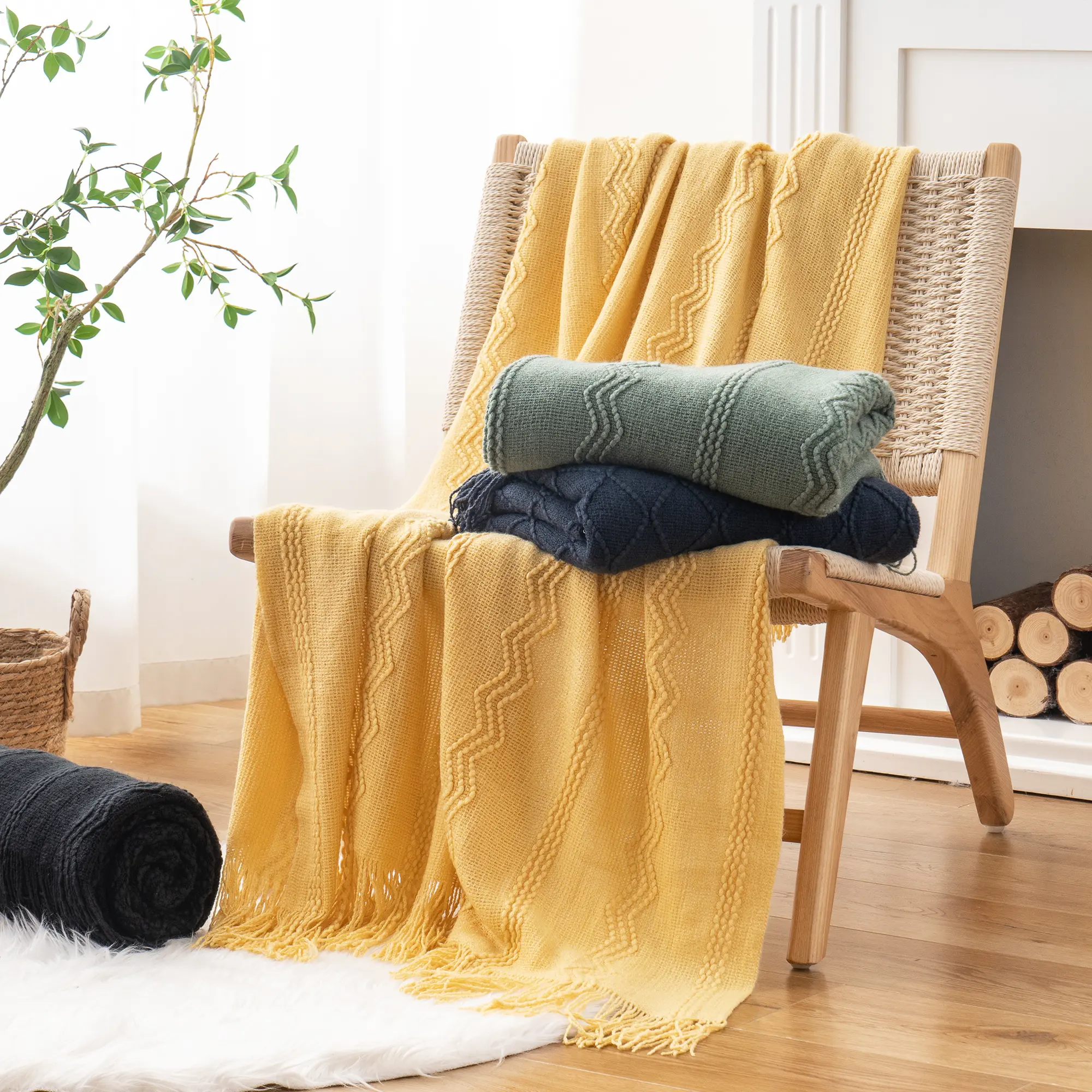Battilo Caramel Throw Blanket for Bed Couch Chair Plaid Knit Throws Fall Sofa Blanket Lightweight Knitted Blanket for Home Decor