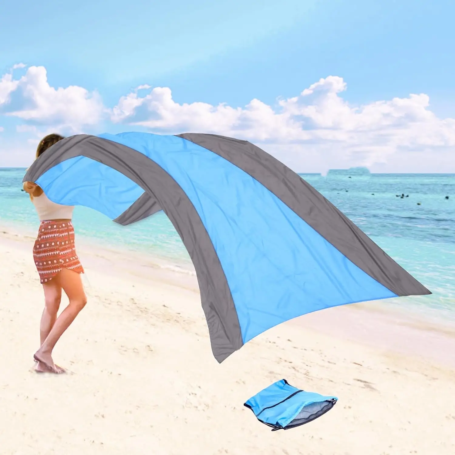 200X210Cm Extra Large Beach Towel, Beach Mat; Easy to Clean, Easy to Store, Provide Storage Bag and Hook, Light and Easy to Carry, Suitable for Beach Vacation, Camping, Grass, Two-Color Picnic Mat