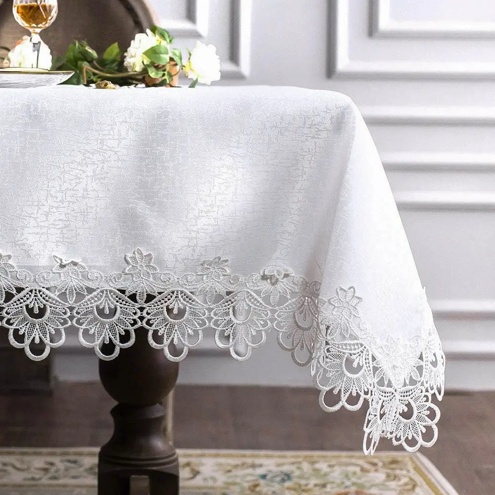 Battilo Lace Embroidery Tablecloth White Floral Rectangle Table Cloth Waterproof Table Cover For Dining Table Wedding Party Home