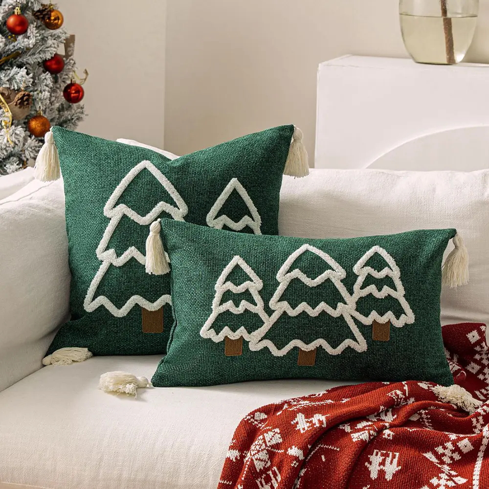 Battilo Christmas Throw Pillow Cover with Tassels Decorative Green Tufted Pillowcase for Sofa Bed Cushion Case for Home Decor