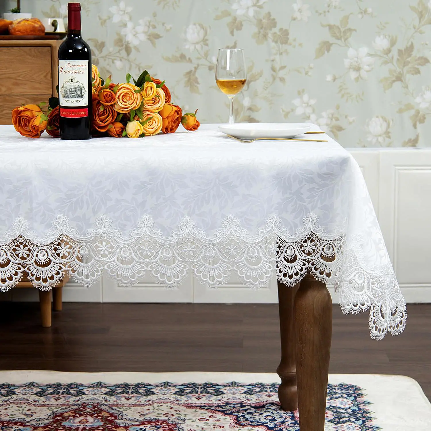 Battilo Lace Embroidery Tablecloth White Floral Rectangle Table Cloth Waterproof Table Cover For Dining Table Wedding Party Home