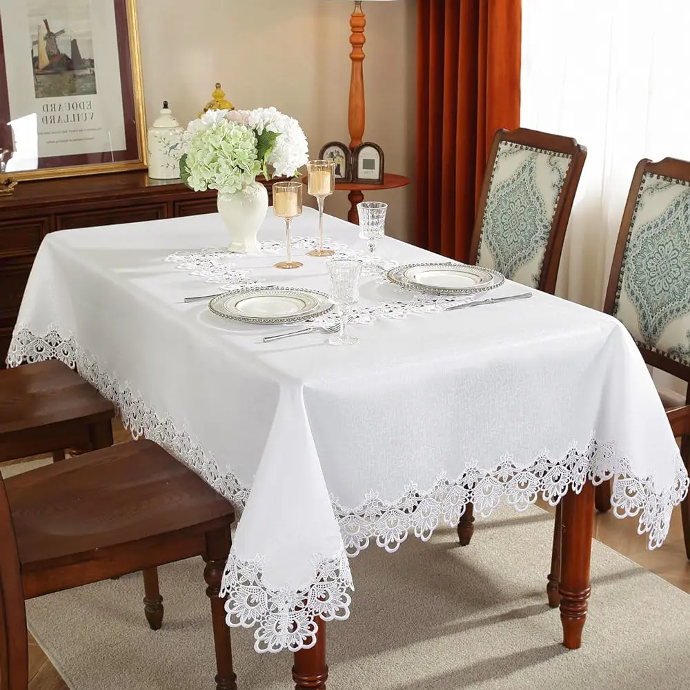 Battilo Lace Embroidery Tablecloth White Floral Rectangle Table Cloth Waterproof Table Cover For Dining Table Wedding Party Home
