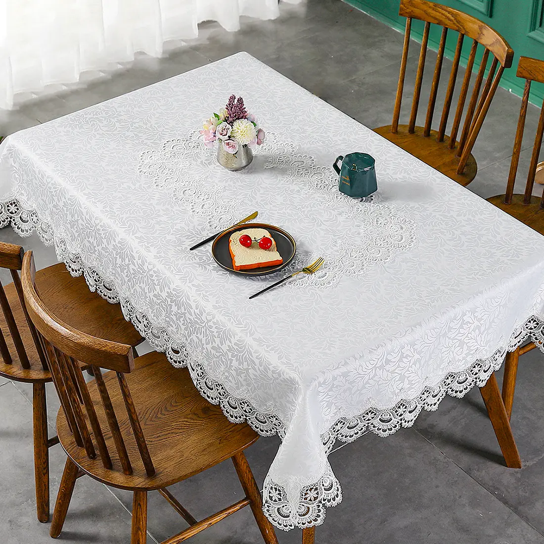 Battilo Lace Embroidery Tablecloth White Floral Rectangle Table Cloth Waterproof Table Cover For Dining Table Wedding Party Home