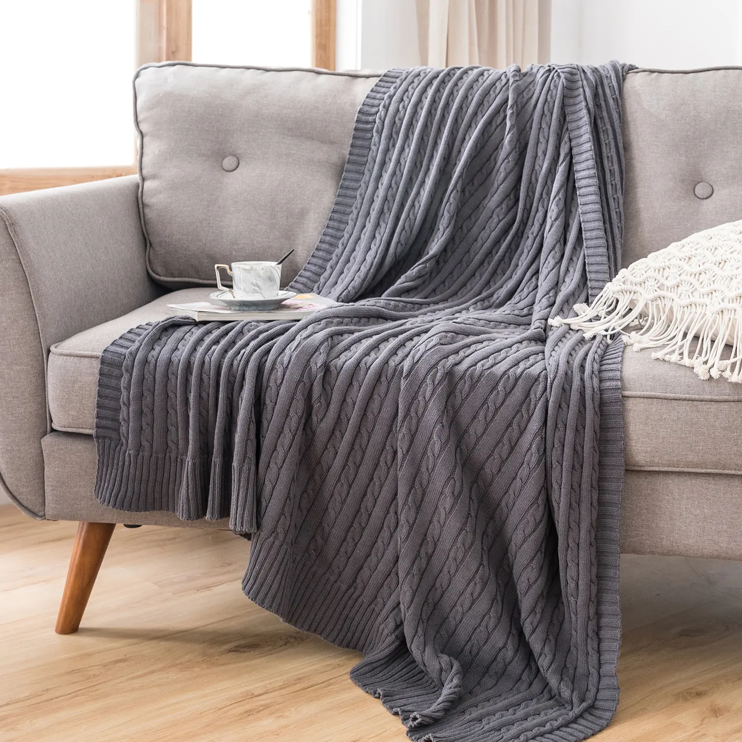 Battilo Cotton Knitted Throw Blanket Soft Cozy Cable Knit Sofa Throws Large Heavyweight Decorative Blanket for Twin Queen Bed