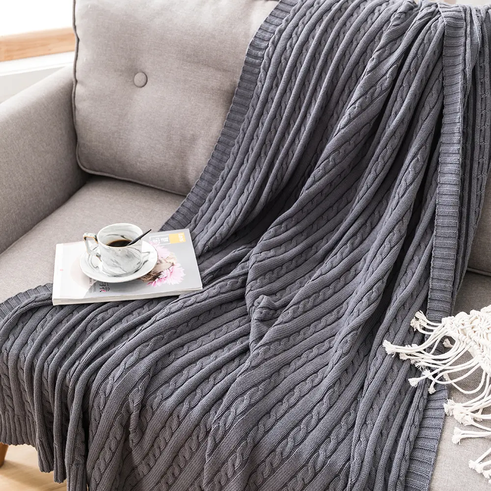 Battilo Cotton Knitted Throw Blanket Soft Cozy Cable Knit Sofa Throws Large Heavyweight Decorative Blanket for Twin Queen Bed