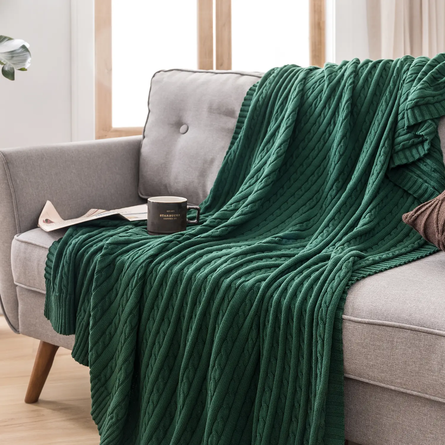 Battilo Cotton Knitted Throw Blanket Soft Cozy Cable Knit Sofa Throws Large Heavyweight Decorative Blanket for Twin Queen Bed