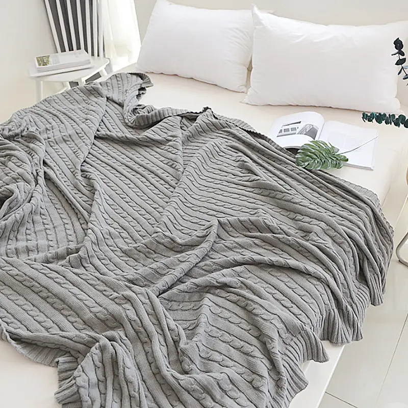 Battilo Cotton Knitted Throw Blanket Soft Cozy Cable Knit Sofa Throws Large Heavyweight Decorative Blanket for Twin Queen Bed