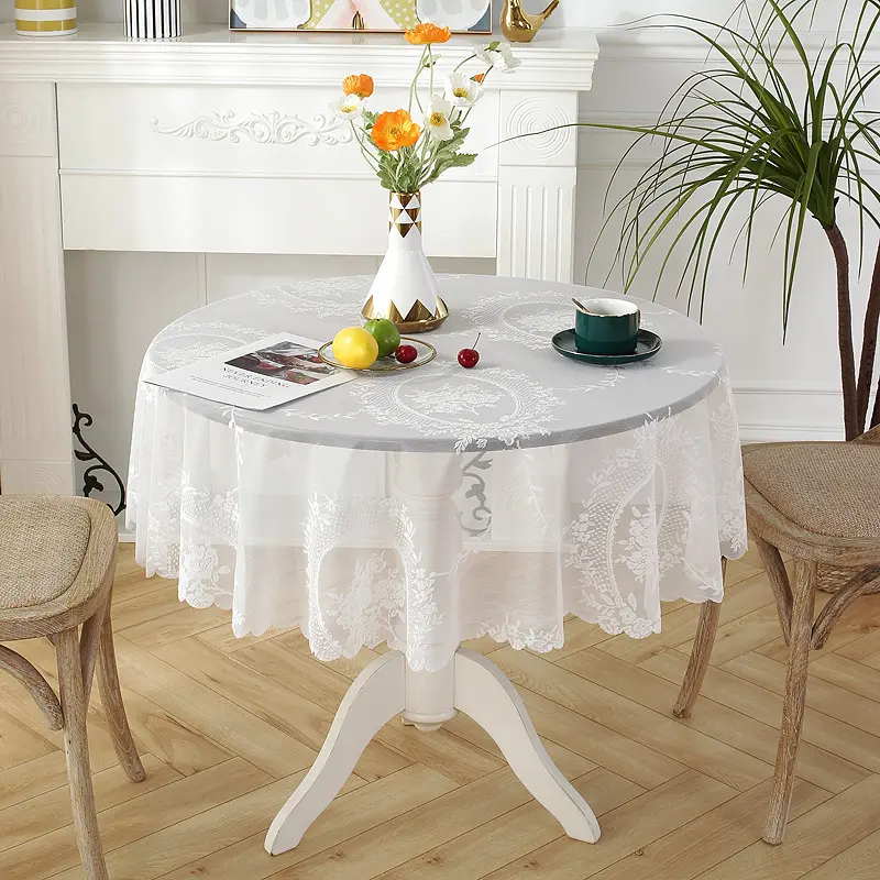 Battilo White Round Tablecloth for Wedding Decor Lace Table Cloth Rectangle Tablecloth For Birthday Banquet Coffee Table Cover