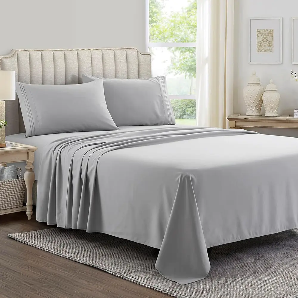 Battilo Double Bed Sheets 4Pieces Set Fitted Flat Sheet with Pillowscase Luxury Microfiber King Queen Full Twin Size Bedding Set
