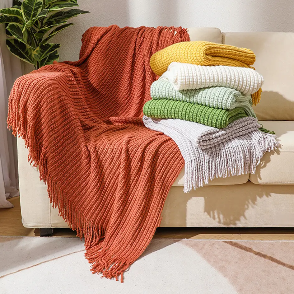Battilo Summer Decorative Sofa Blanket Plaid Knitted Throw Blanket With Tassel Thick Warm Knit Throws for Bed Sofa Home Decor