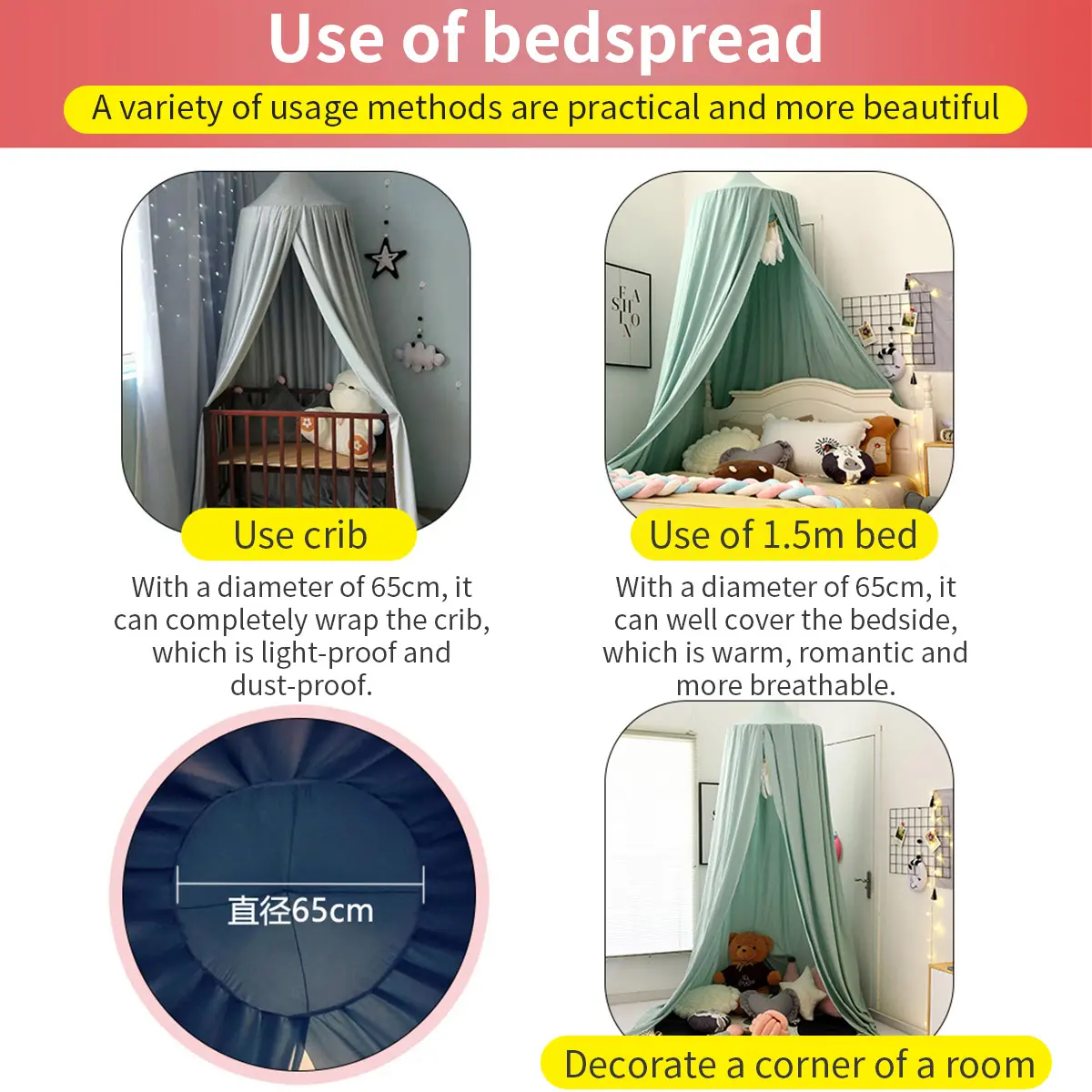 Battilo Kids Bed Mosquito Net Bed Canopy for Boys & Girls Room Bed Curtain for Child Crib Children Tent Hanging Round Play Tent