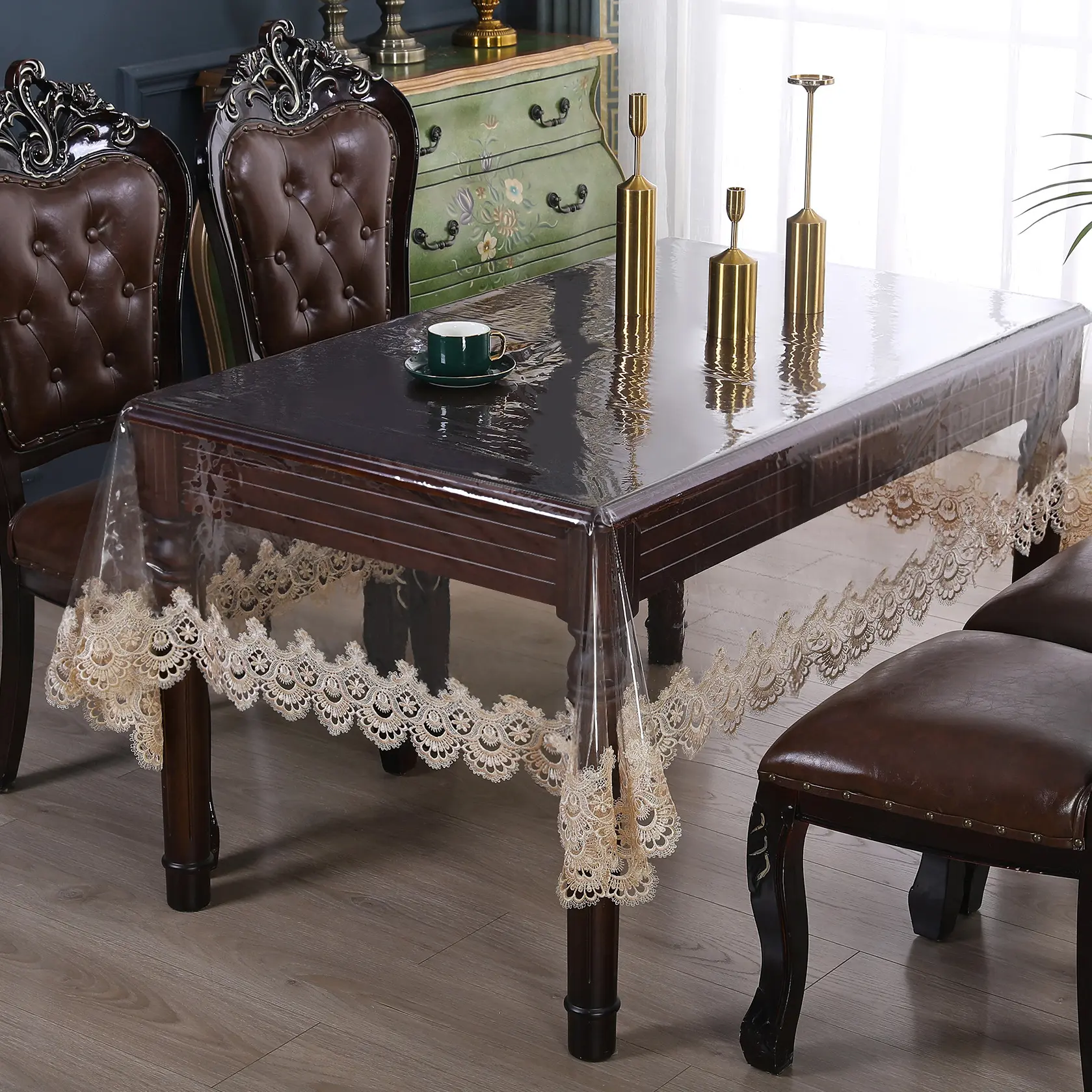 Battilo Waterproof Tablecloth Clear PVC Rectangle Table Cloth Oilproof Lace Table Cover for Dining Table Outdoor Party Decor