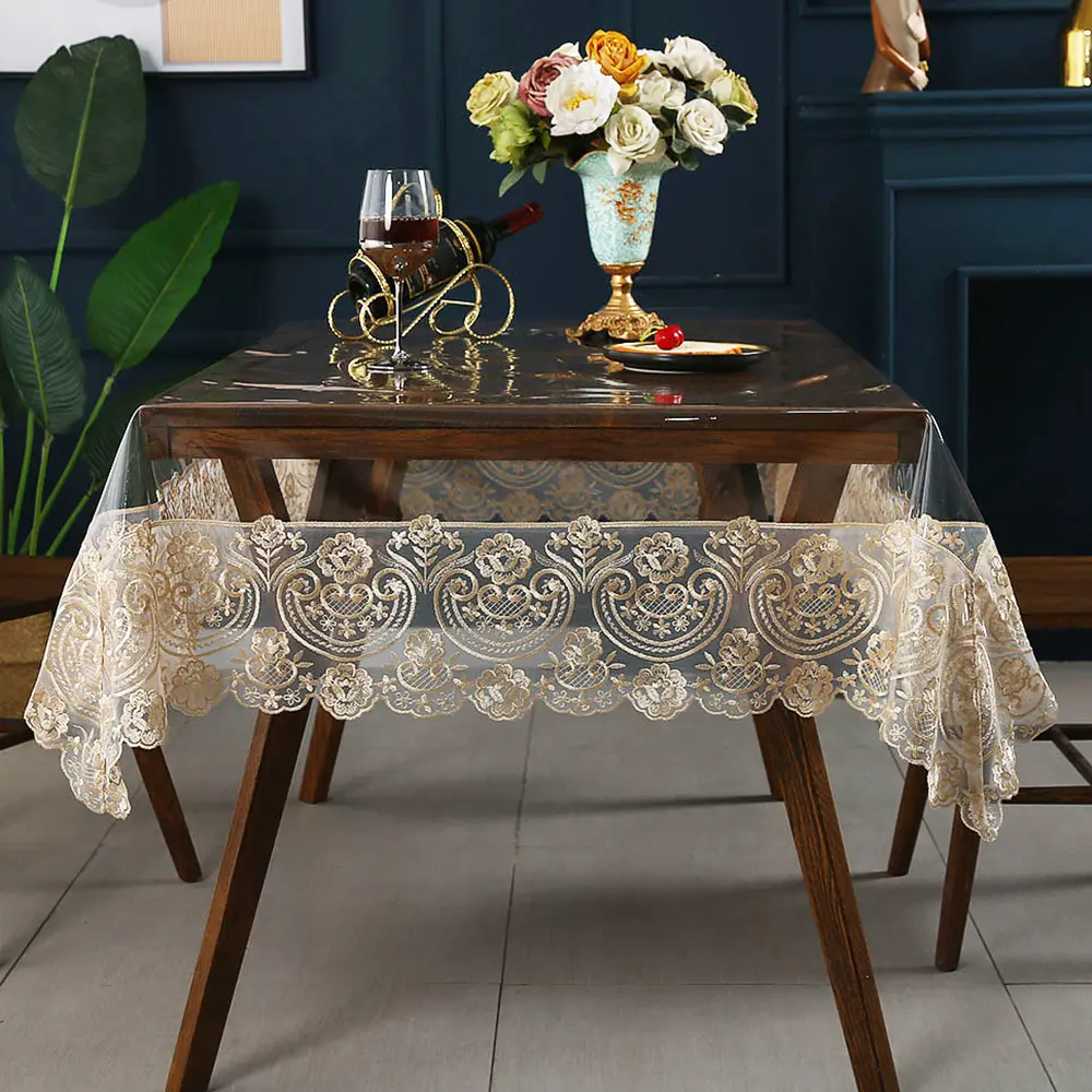 Battilo Waterproof Tablecloth Clear PVC Rectangle Table Cloth Oilproof Lace Table Cover for Dining Table Outdoor Party Decor