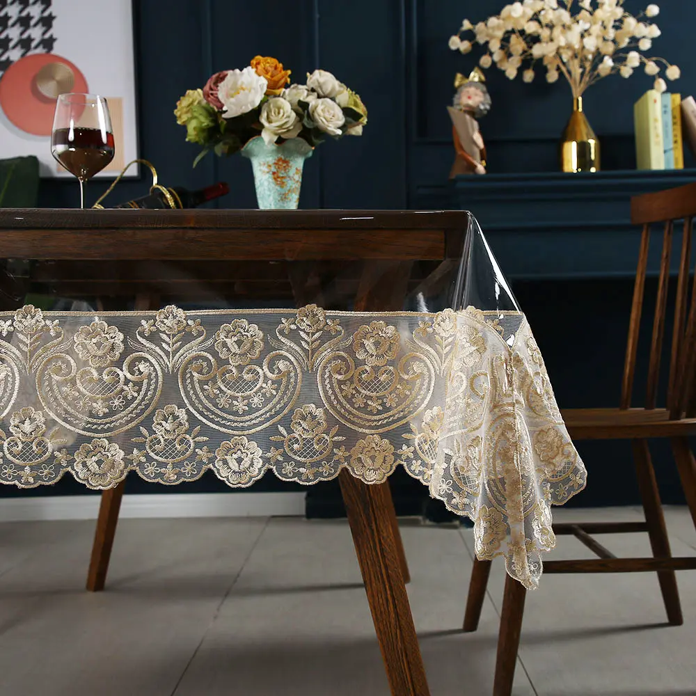 Battilo Waterproof Tablecloth Clear PVC Rectangle Table Cloth Oilproof Lace Table Cover for Dining Table Outdoor Party Decor