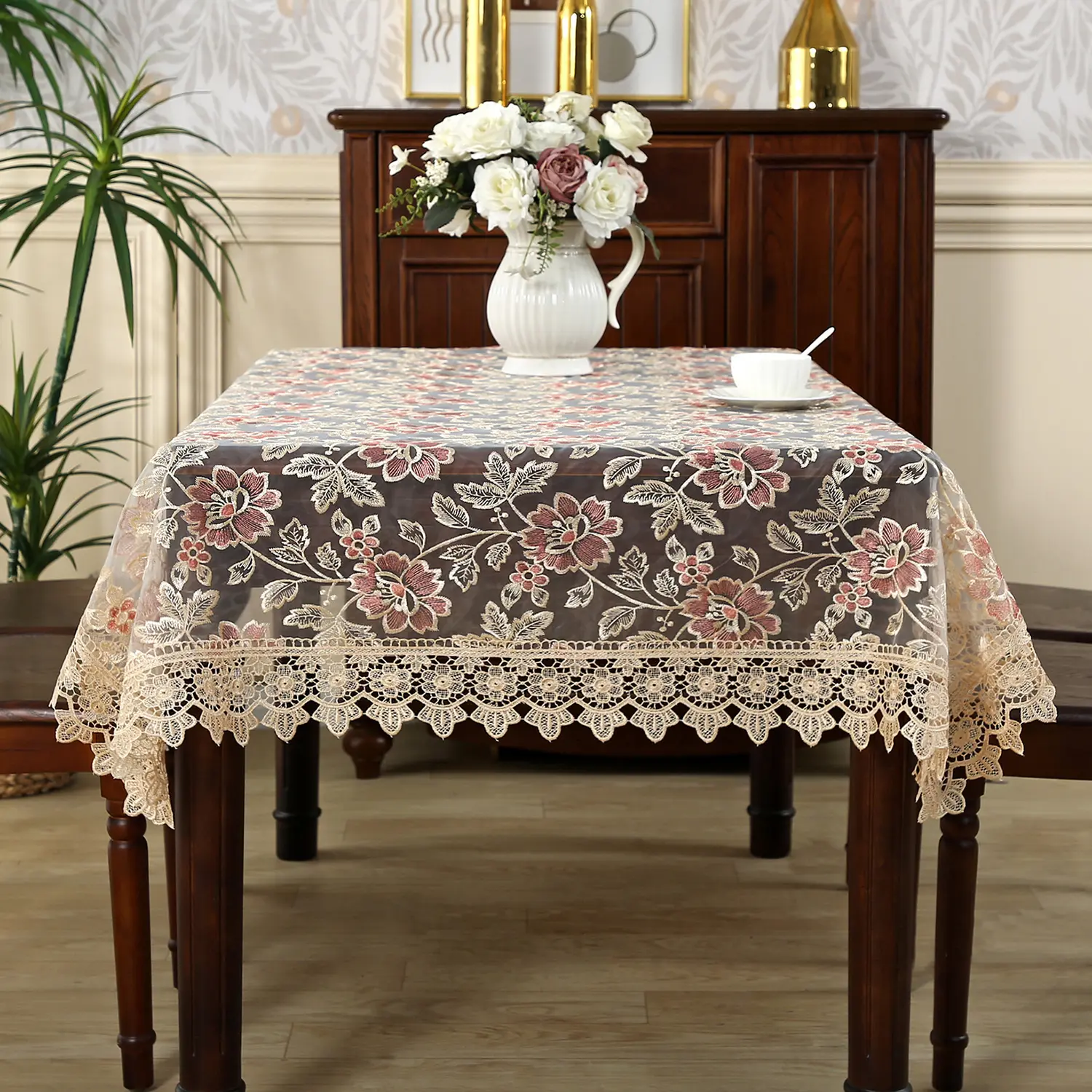 Battilo Lace Table Cover Round Rectangular Tablecloth Luxury Embroidered Coffee Table Cloths for Dining Table Wedding Home Decor