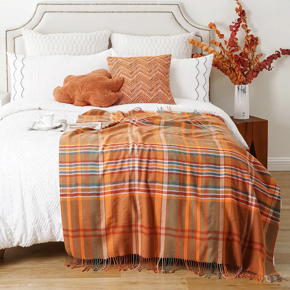 Battilo Plaid Throw Blanket for Bed Couch Orange Lightweight Sofa Blanket Cashmere Blankets with Tassels Fall Throw Home Decor