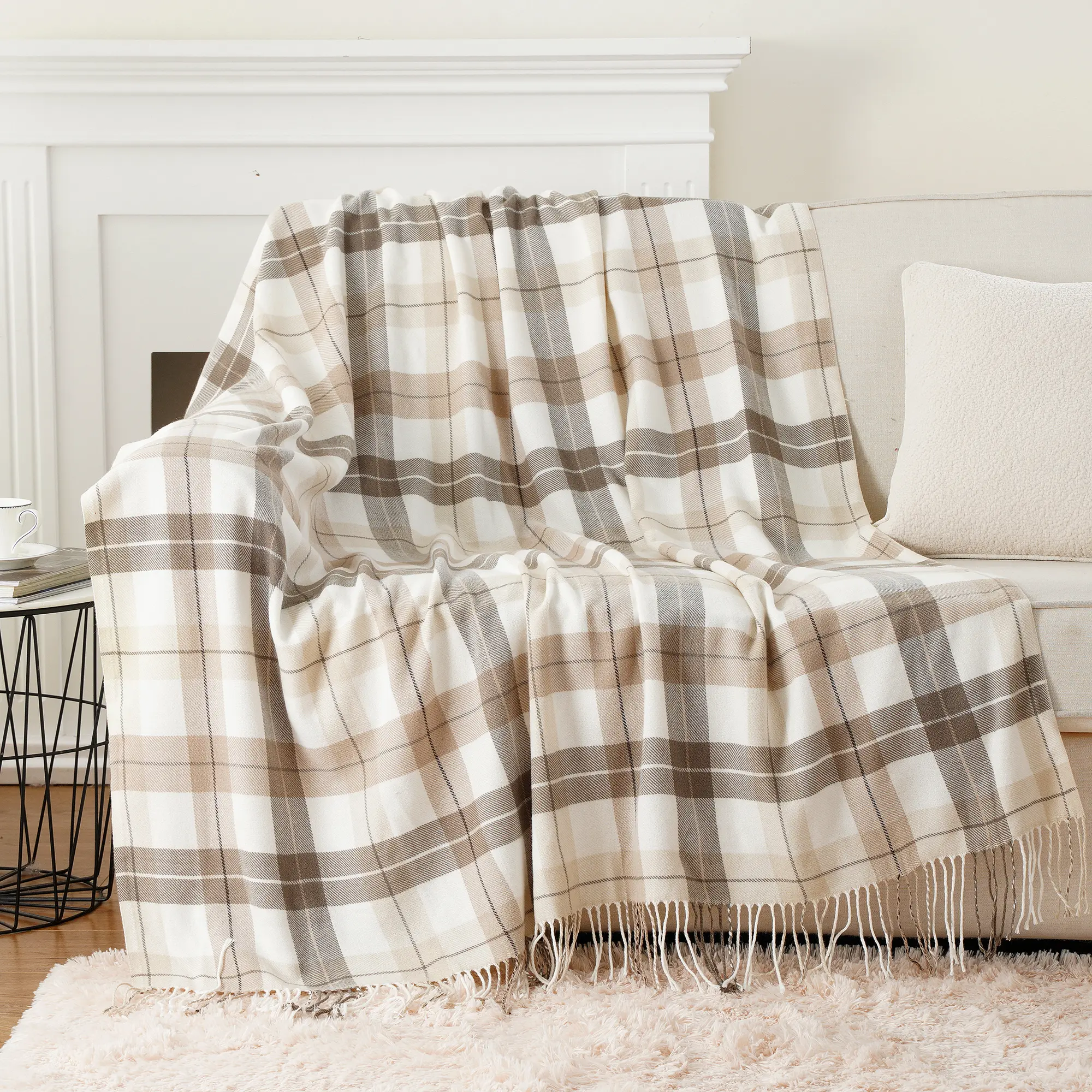Battilo Plaid Throw Blanket for Bed Couch Orange Lightweight Sofa Blanket Cashmere Blankets with Tassels Fall Throw Home Decor