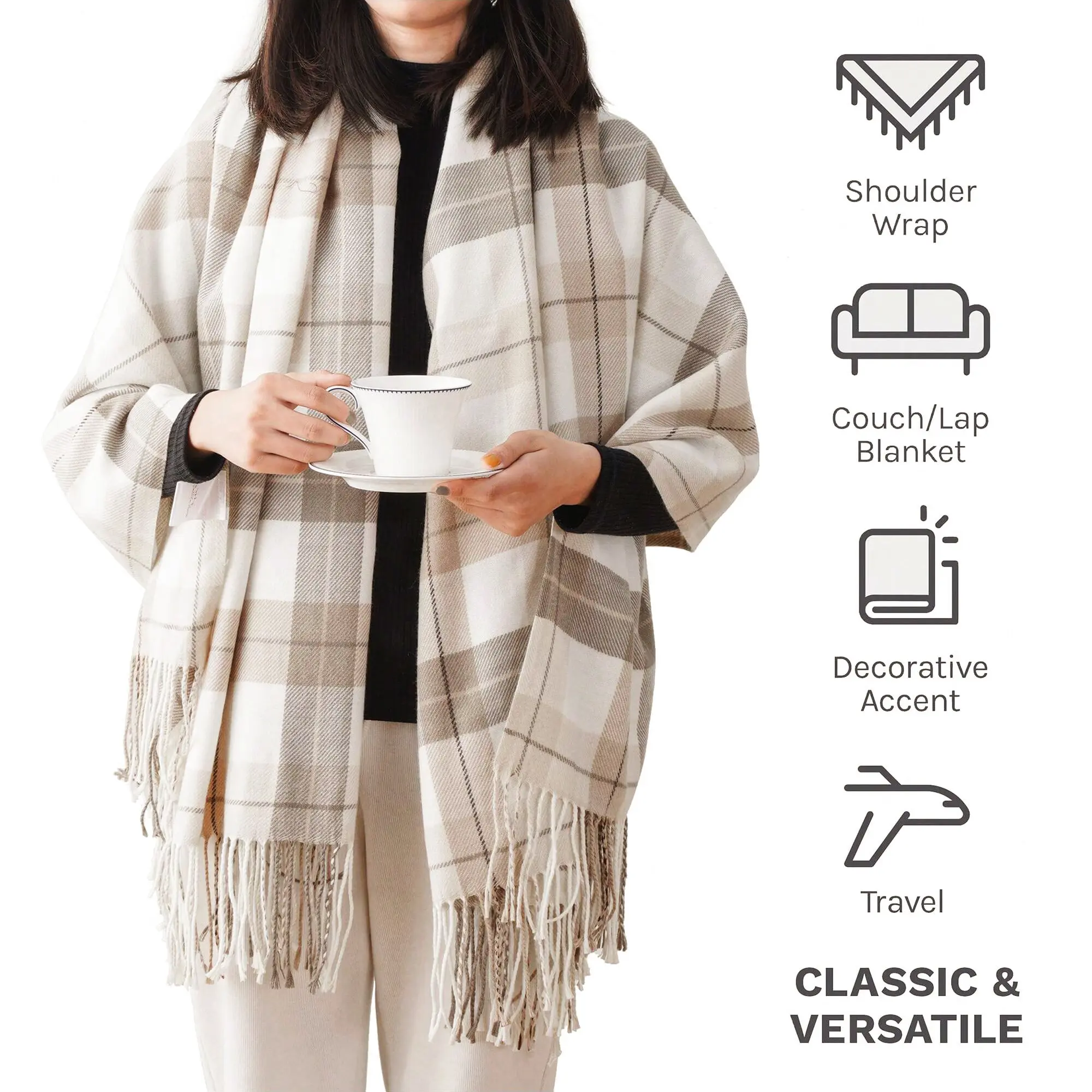 Battilo Plaid Throw Blanket for Bed Couch Orange Lightweight Sofa Blanket Cashmere Blankets with Tassels Fall Throw Home Decor