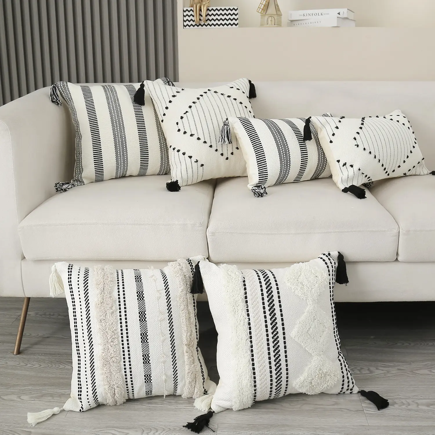 Battilo Boho Throw Pillow Covers Decorative Neutral Striped Pillowcase with Tassels Woven Lumbar Cushion Cover Accent Home Decor