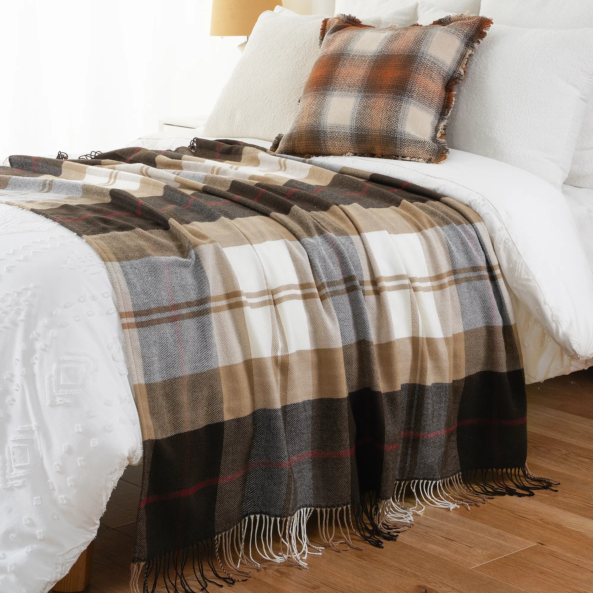 Battilo Plaid Throw Blanket for Bed Couch Orange Lightweight Sofa Blanket Cashmere Blankets with Tassels Fall Throw Home Decor