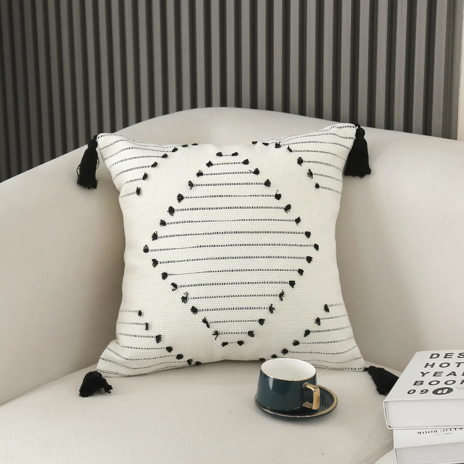 Battilo Boho Throw Pillow Covers Decorative Neutral Striped Pillowcase with Tassels Woven Lumbar Cushion Cover Accent Home Decor