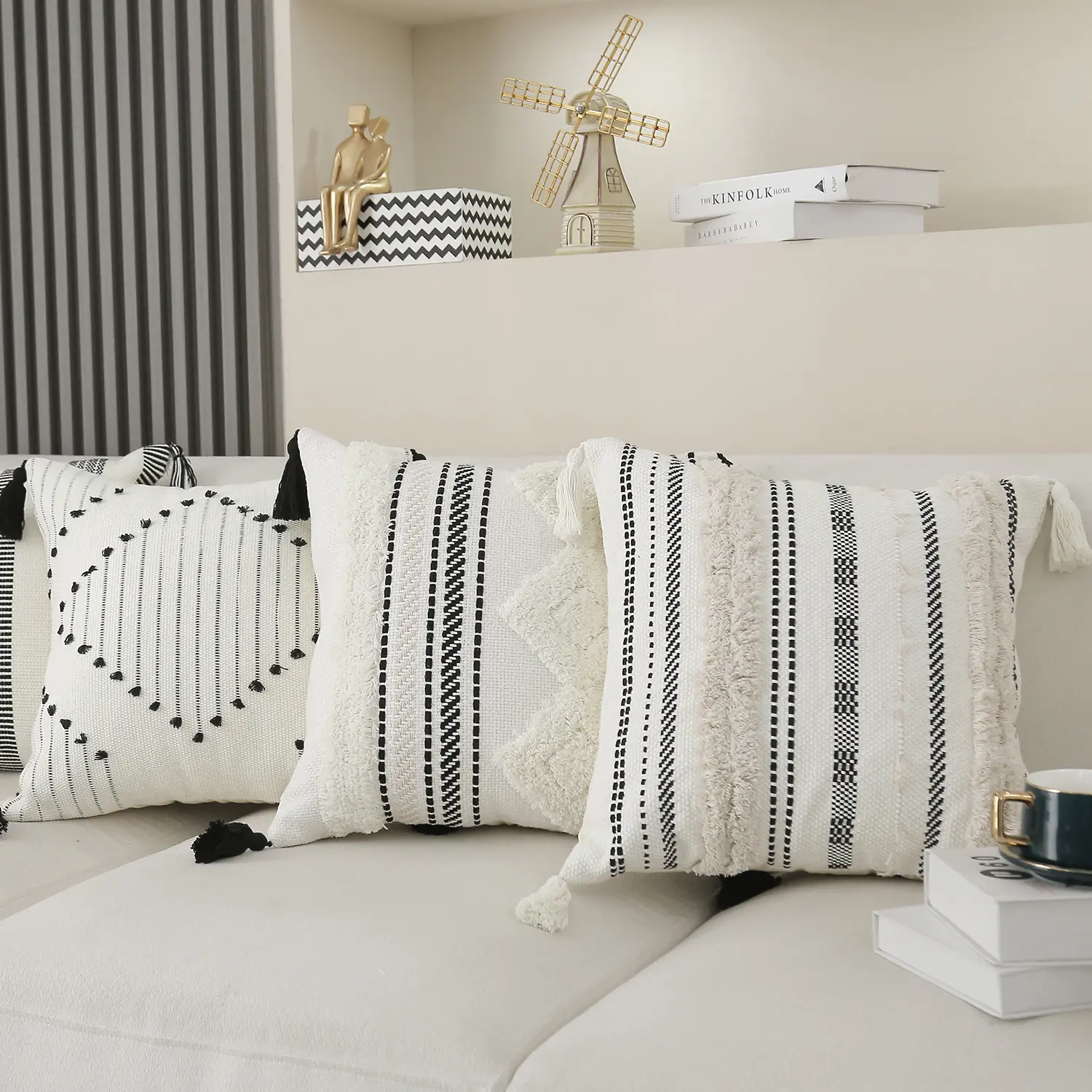Battilo Boho Throw Pillow Covers Decorative Neutral Striped Pillowcase with Tassels Woven Lumbar Cushion Cover Accent Home Decor