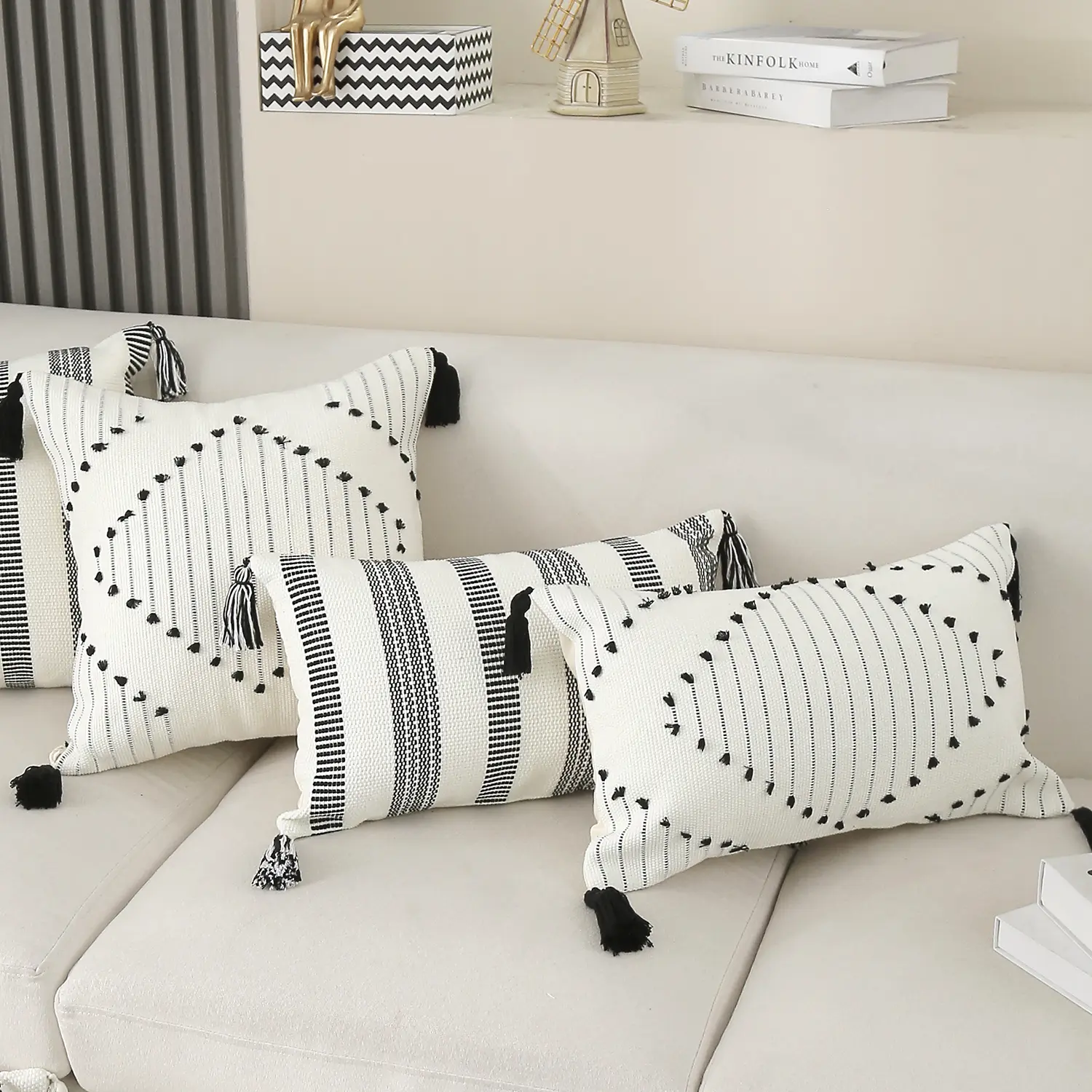 Battilo Boho Throw Pillow Covers Decorative Neutral Striped Pillowcase with Tassels Woven Lumbar Cushion Cover Accent Home Decor