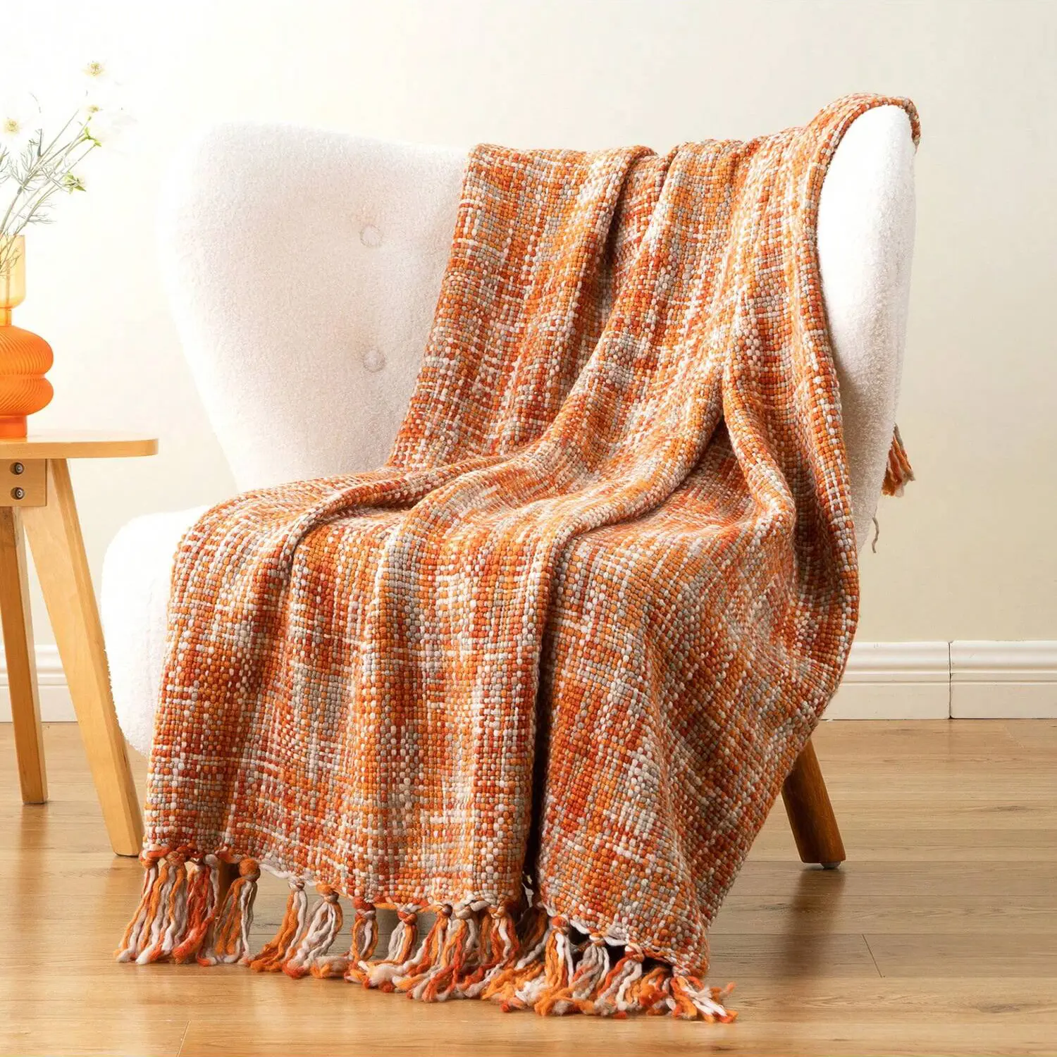 Battilo Orange Kint Throw Blanket With Tassels Fall Multicolor Boho Throws For Bed Decorative Sofa Blanket Bedspread On the Bed