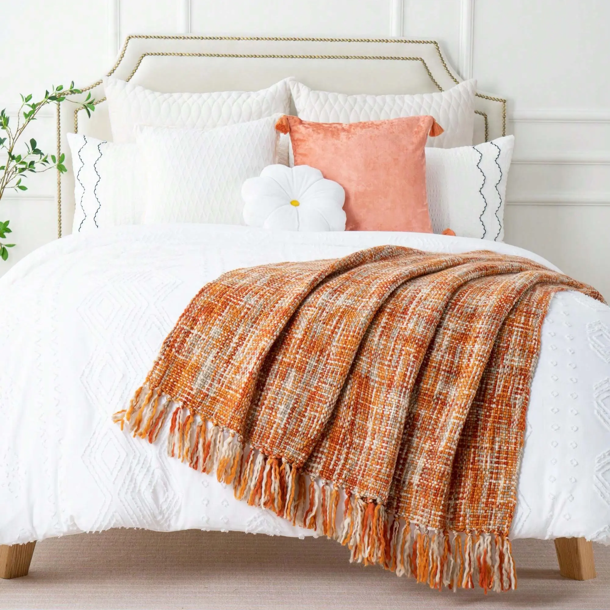 Battilo Orange Kint Throw Blanket With Tassels Fall Multicolor Boho Throws For Bed Decorative Sofa Blanket Bedspread On the Bed