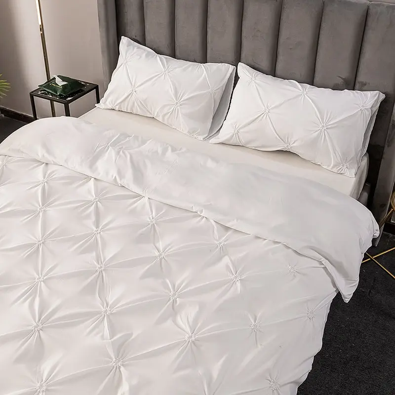 Battilo Pinch Pleated Duvet Cover Set Solid Quilt Cover with 2PCS Pillowcases Soft Bedding Set for Twin Full Queen King Size Bed