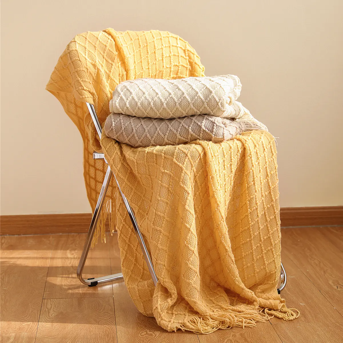 Battilo Beige Knitted Throw Blanket Soft Knit Throws For Bed Plaid Bedspread On The Bed Decorative Sofa Blanket LivingRoom Decor