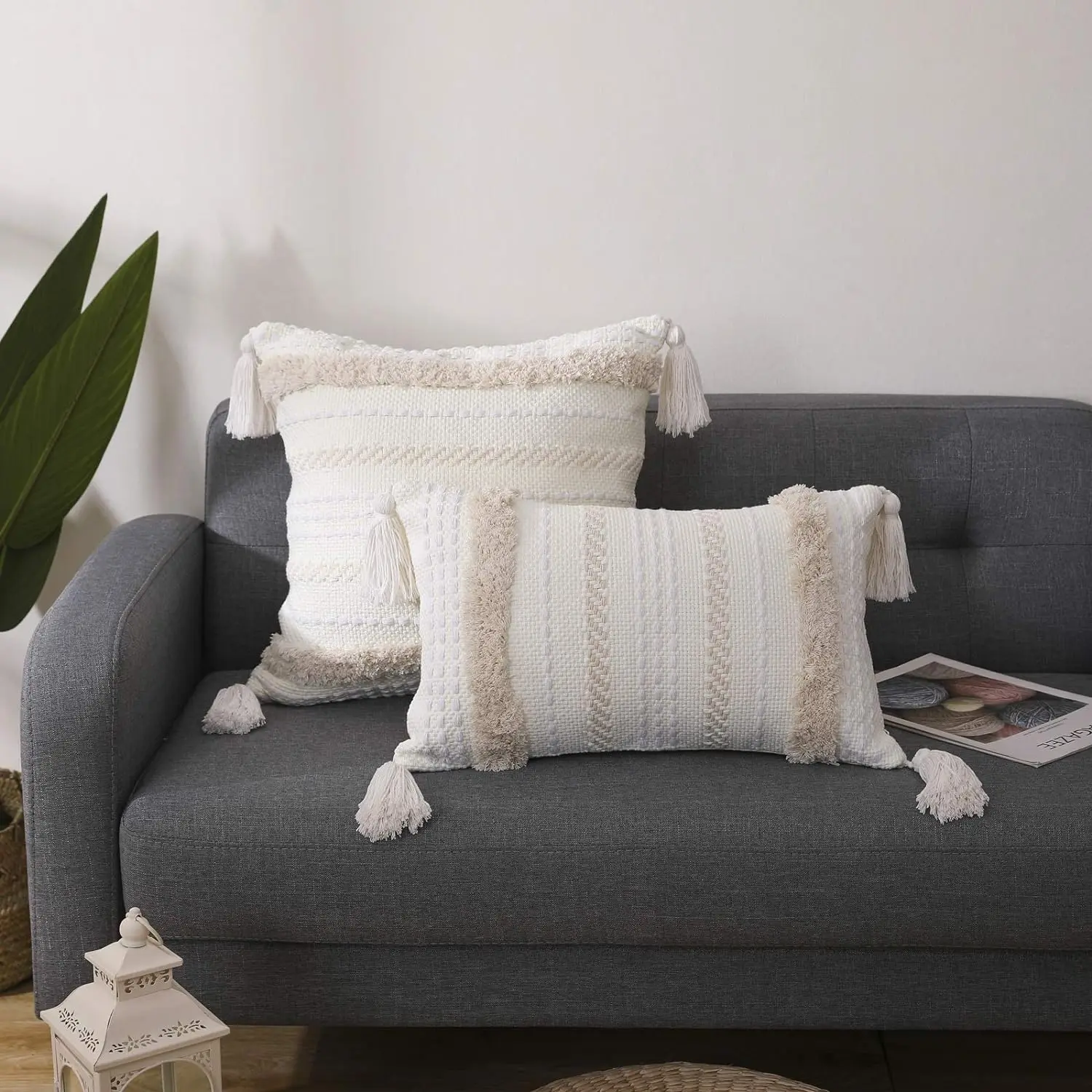 Battilo Boho Throw Pillow Cover Tufted Pillow Case with Tassels Neutral Woven Cushion Cover for Sofa Bed Living Room Home Decor