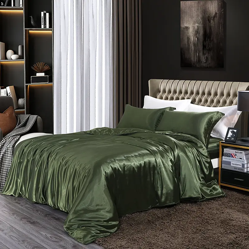 Blend Mulberry Silk Luxury Bedding Set Fitted & Flat Sheet Silky Duvet Cover Pillowcase for Home Hotel Premium Queen King Size