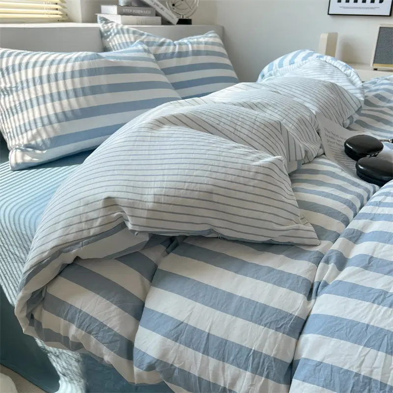 Striped Duvet Cover Set 100% Washed Cotton Bedding Set with Quilt Cover Bed Sheet Pillowcase Skin-friendly Soft Comforter Cover
