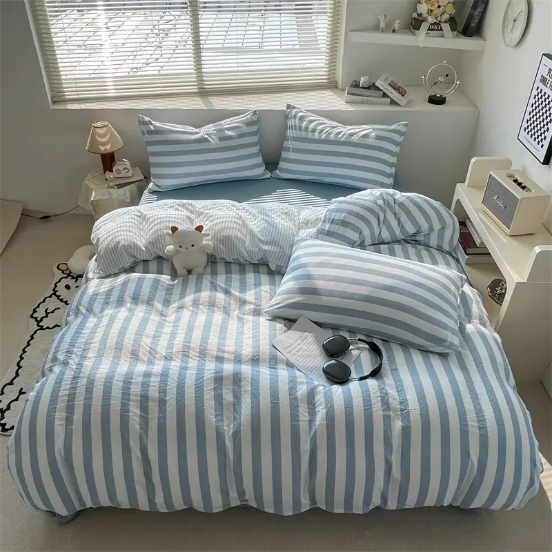 Striped Duvet Cover Set 100% Washed Cotton Bedding Set with Quilt Cover Bed Sheet Pillowcase Skin-friendly Soft Comforter Cover