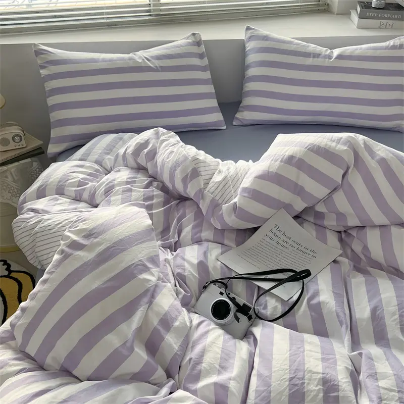 Striped Duvet Cover Set 100% Washed Cotton Bedding Set with Quilt Cover Bed Sheet Pillowcase Skin-friendly Soft Comforter Cover