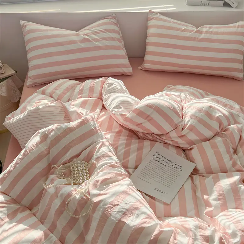 Striped Duvet Cover Set 100% Washed Cotton Bedding Set with Quilt Cover Bed Sheet Pillowcase Skin-friendly Soft Comforter Cover