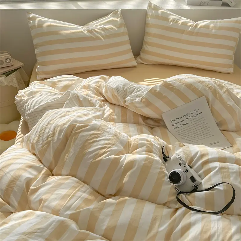 Striped Duvet Cover Set 100% Washed Cotton Bedding Set with Quilt Cover Bed Sheet Pillowcase Skin-friendly Soft Comforter Cover