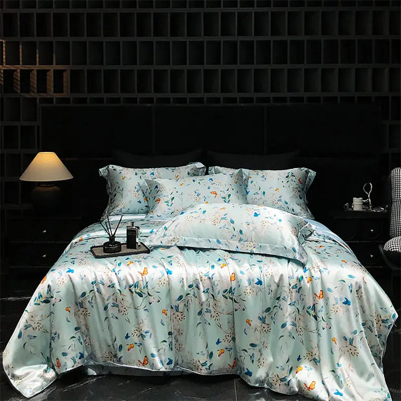 Home Silk Duvet Cover Set with Bed Sheet Pillowcase 4 Piece Natural Silk Bedding Sets Soft Smooth Comforter Covers with Zipper