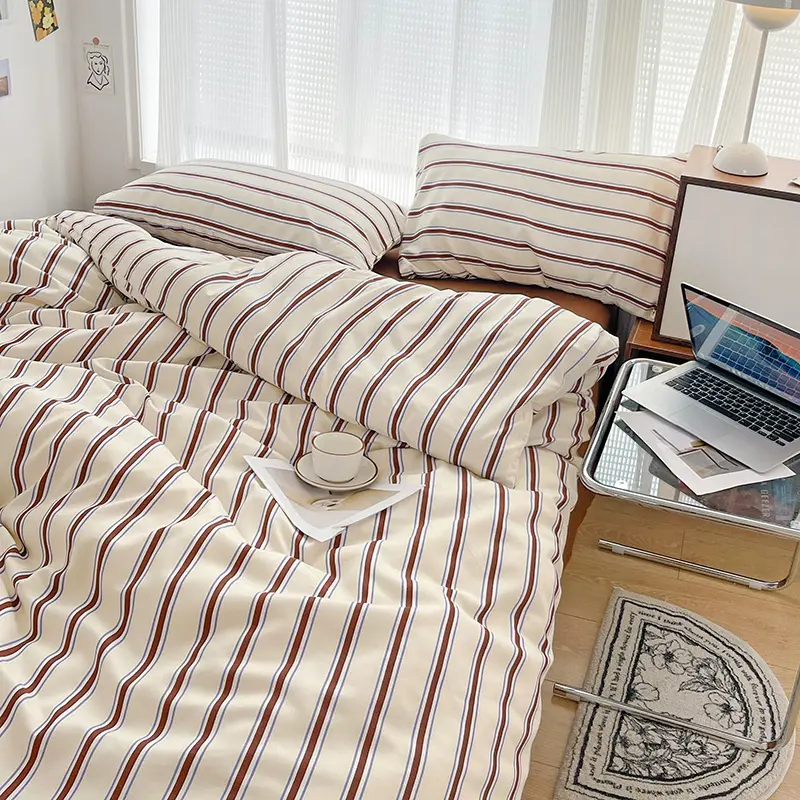 Striped Duvet Cover Set Washed Cotton Bedding Set Ins Style Quilt Cover Bed Sheet Pillowcase for Single Double King Queen Bed