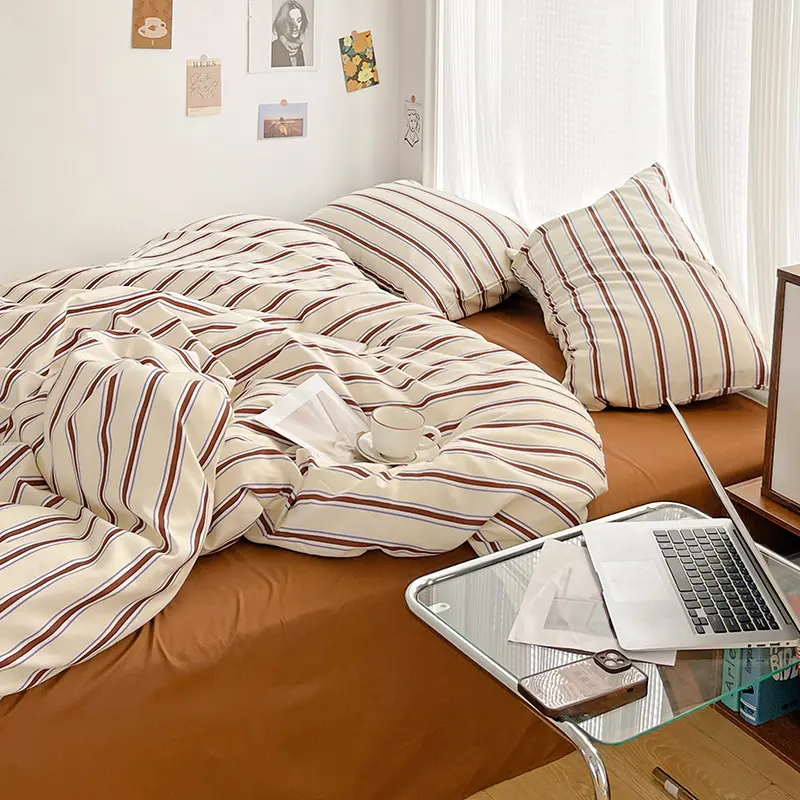 Striped Duvet Cover Set Washed Cotton Bedding Set Ins Style Quilt Cover Bed Sheet Pillowcase for Single Double King Queen Bed