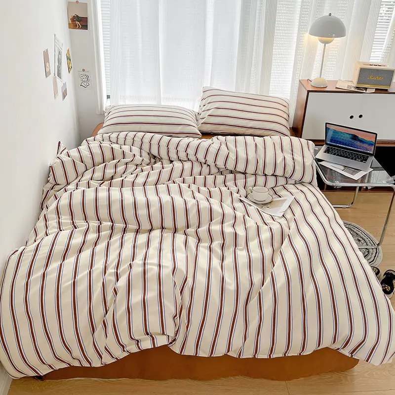 Striped Duvet Cover Set Washed Cotton Bedding Set Ins Style Quilt Cover Bed Sheet Pillowcase for Single Double King Queen Bed