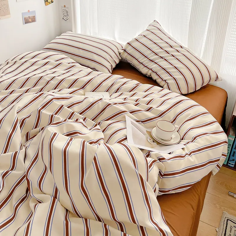 Striped Duvet Cover Set Washed Cotton Bedding Set Ins Style Quilt Cover Bed Sheet Pillowcase for Single Double King Queen Bed