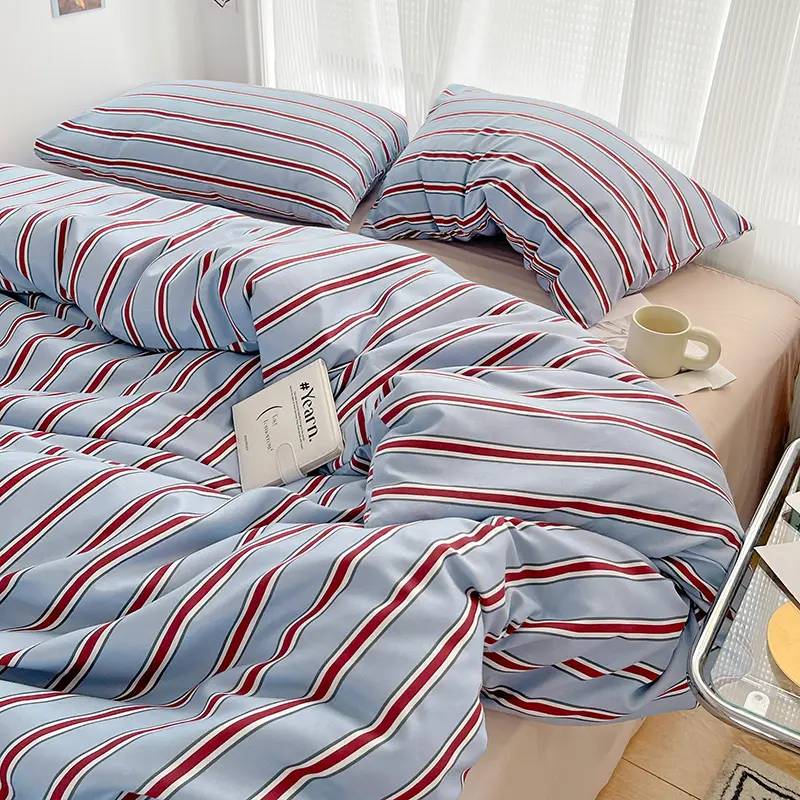 Striped Duvet Cover Set Washed Cotton Bedding Set Ins Style Quilt Cover Bed Sheet Pillowcase for Single Double King Queen Bed