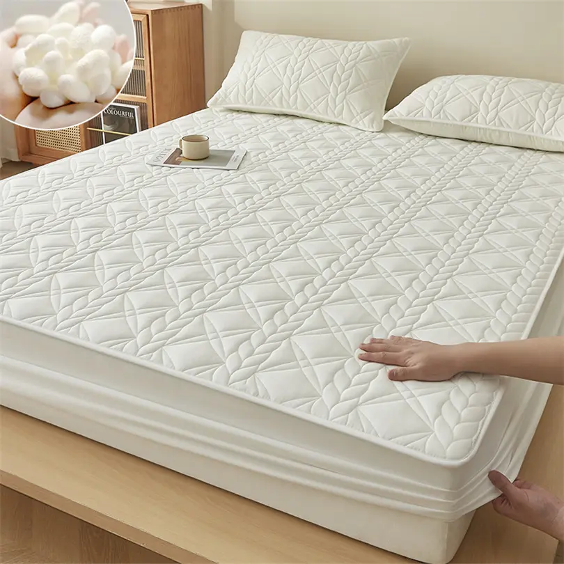 100% Cotton Mattress Pad Cover with Mulberry Silk Fiber Filling, Breathable Mattress Protector Quilted and Noiseless Bed Cover